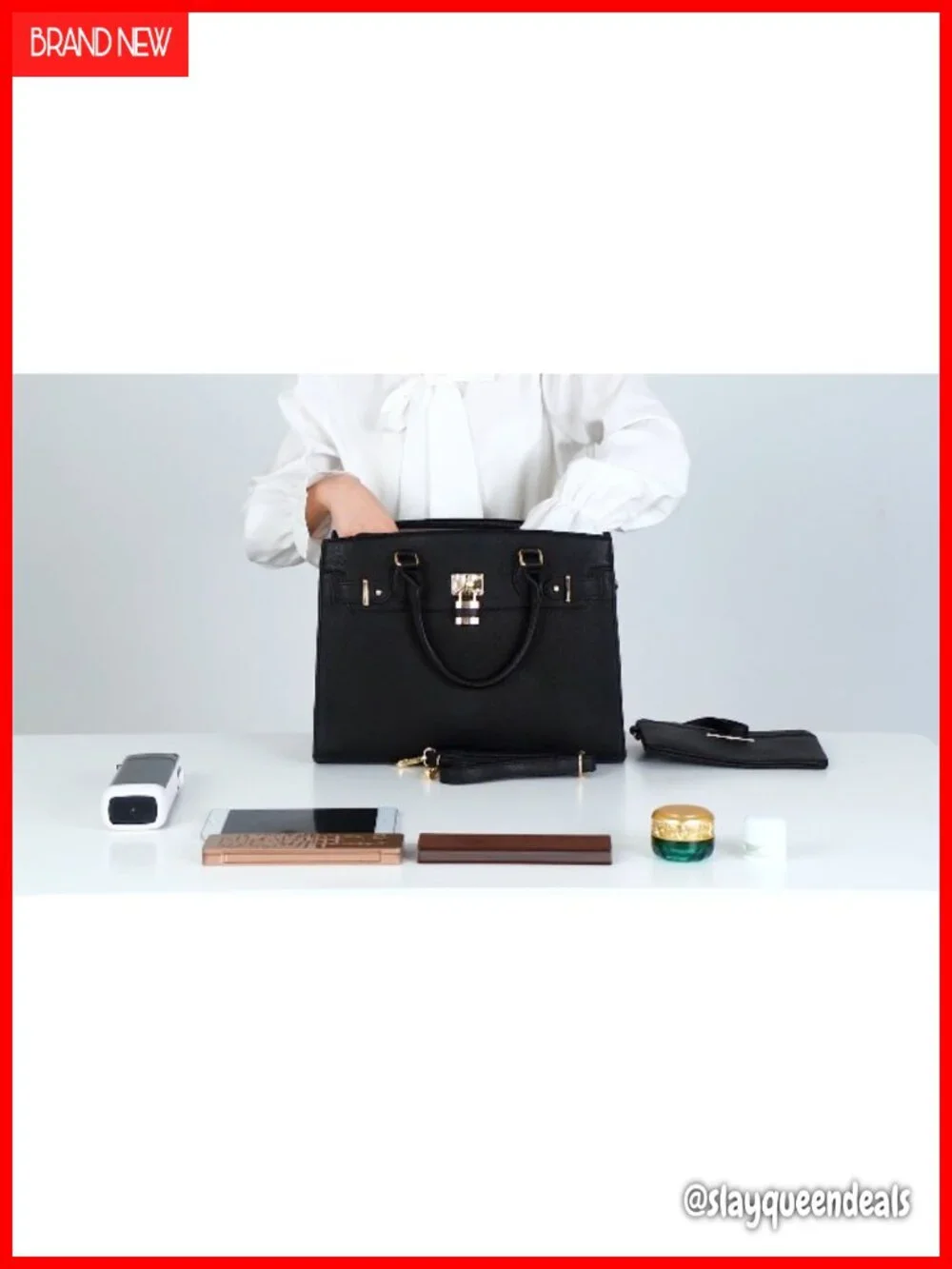 Vegan Leather Satchel Tote with Matching Clutch, Gold Hardware, Work Bag